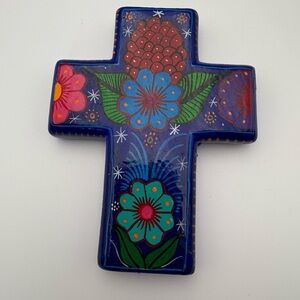 Handcrafted in Mexico Novica Blue Floral Cross Wall Art